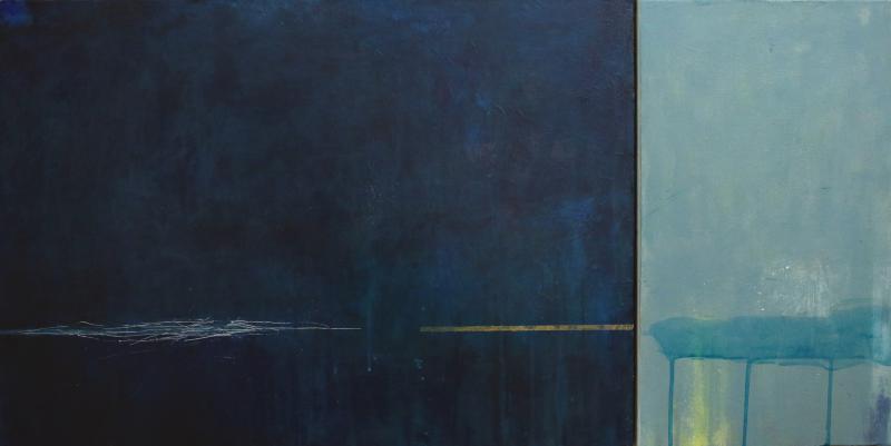 Green and blue diptych -  technique mixte sur toile, 46 x 92 cm, 2019